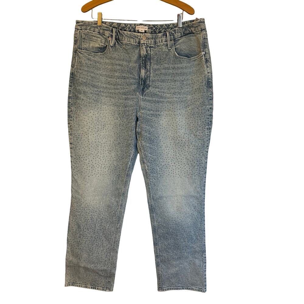 Good American Good Icon Rhinestone High Waist Straight Leg Jeans Bedazzled Denim
